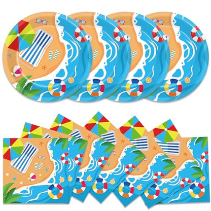 Qyeahkj 48Pcs Summer Beach Paper Plates and Napkins, Hawaiian Beach Theme Party Decorations, Hawaiian Pool Party Supplies, Summer Platters Disposable Tableware for Baby Shower Boys Girls Serves 24 - style: Beach