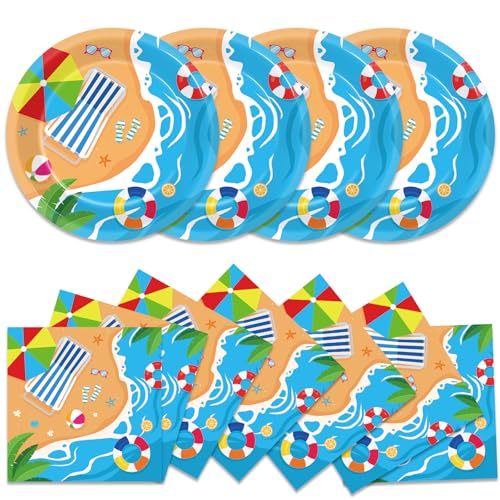 Qyeahkj 48Pcs Summer Beach Paper Plates and Napkins, Hawaiian Beach Theme Party Decorations, Hawaiian Pool Party Supplies, Summer Platters Disposable Tableware for Baby Shower Boys Girls Serves 24 - style: Beach