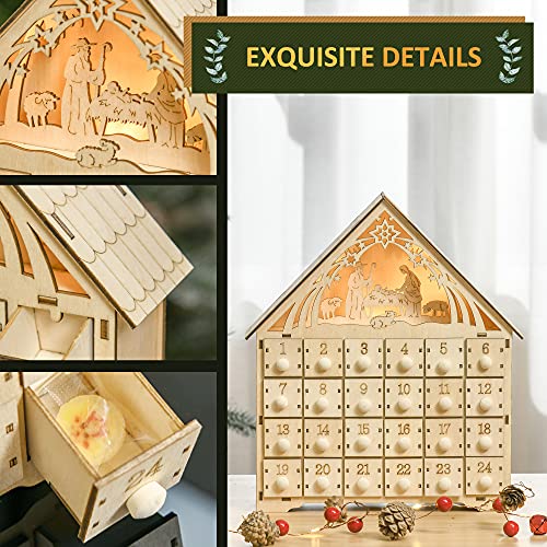 HOMCOM Christmas Advent Calendar, Light Up Manger Scene Tabletop Xmas Wooden House Holiday Decoration with Countdown Drawer, Bible Characters, for kids Adults