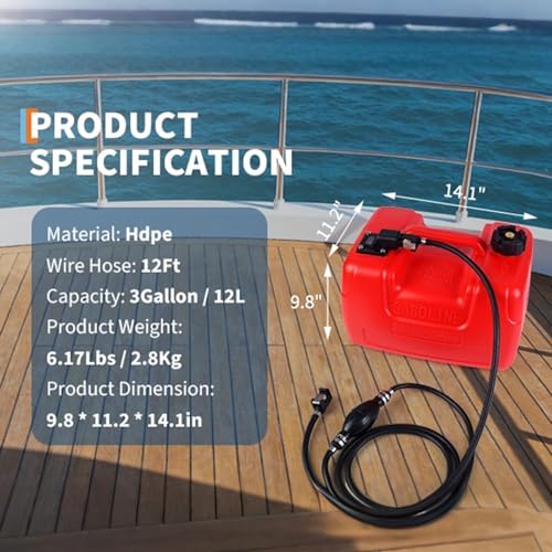 Marine Tank, 3 gal Marine Portable Tank Outboard Marine Boat Transfer Tank with 9.8 ft Hose, Gauge for Outboard Engine Boats, Yacht, Fishing Boat, Deck Boat, Red - size: 3 Gallon