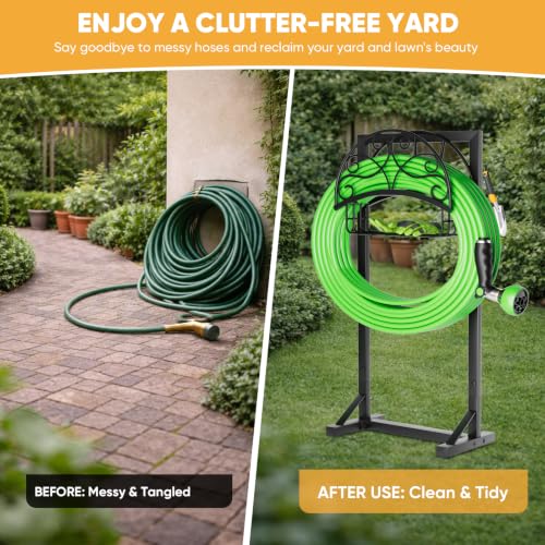 Heavy-Duty Garden Hose Holder with Storage Basket and Tool Hooks, Stable Freestanding Hose Stand Holds 160Ft, Metal Hose Hanger, Rustproof Water Hose Holder Storage for Outside,Yard,Lawn,Farm - color: Matte Black
