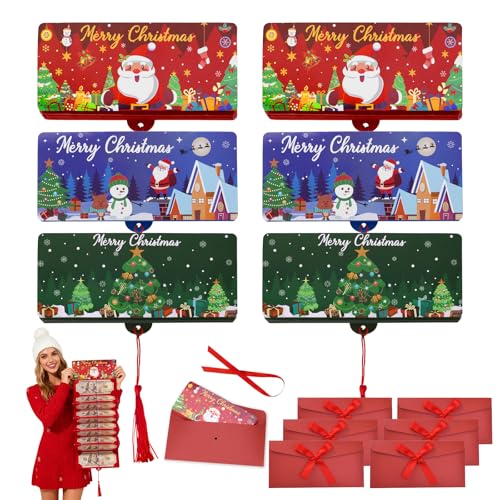 6 Pcs Christmas Money Holders for Cash, Christmas Cash Gift Envelopes with 10 Slots, Surprise Xmas Holiday Money Card Envelopes for Men Women Family
