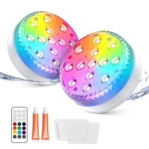 LOFTEK Submersible LED Lights with Remote, 13 LED Pool Lights for Inground Above Ground Pool, IP68 Waterproof 16 Color Changing Underwater Light for Ponds, Hot Tub, Bath, Battery Operated (2 Pack) - size: 2 Pack-Battery Operated II