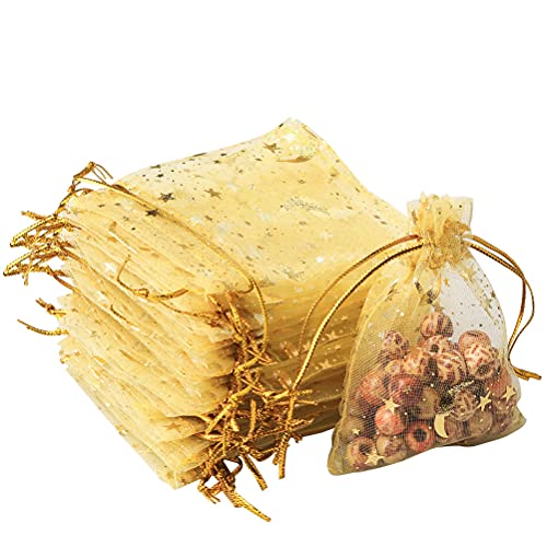 SUMAJU 100 Gold Moon Star Organza Favor Bags with Drawstring 2.7x3.5 Inch - color: Gold 2.7x3.5 Inch