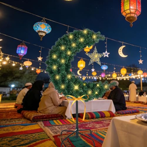 3ft Lighted Ramadan Moon Tree with Star Decorations, Islamic Crescent Artificial Decor for Home, Eid Tree