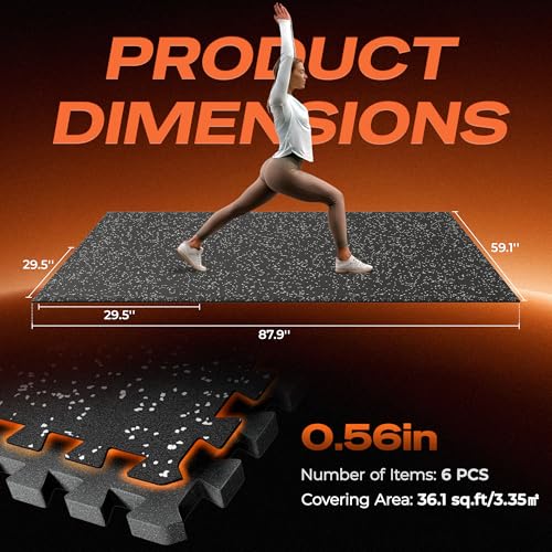 SUPERJARE 30" x 30" Larger Rubber Top Exercise Equipment Mats, 0.56" Thick 6PCS 37.5 Sq Ft High-Density EVA Foam Interlocking Gym Flooring, Big Workout Mat for Home Gym, Floor Protection, Black/Grey - size: 6 Tiles (37 Sq Ft)