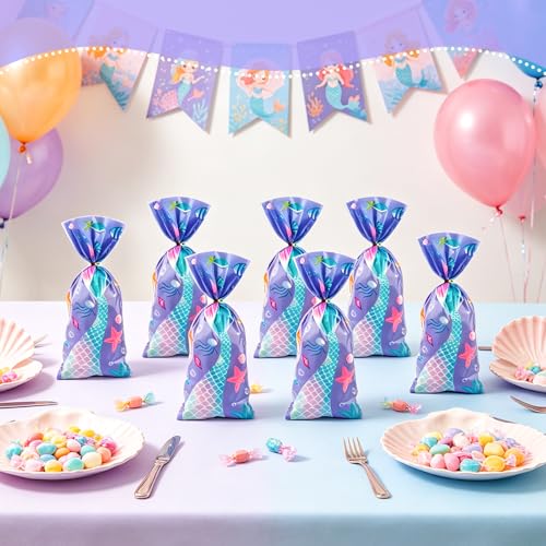 LERCTH 50 PCS Mermaid Gift Bags with Twist Ties - 4.9x10.7 Inch Treat Bags, Mermaid Tail Design Party Favor Bags for Mermaid Theme Party, Ocean Birthday, Summer Pool Party & Beach Events - color: Mermaid goodie bags 50packs