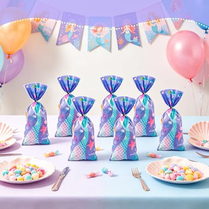LERCTH 50 PCS Mermaid Gift Bags with Twist Ties - 4.9x10.7 Inch Treat Bags, Mermaid Tail Design Party Favor Bags for Mermaid Theme Party, Ocean Birthday, Summer Pool Party & Beach Events - color: Mermaid goodie bags 50packs