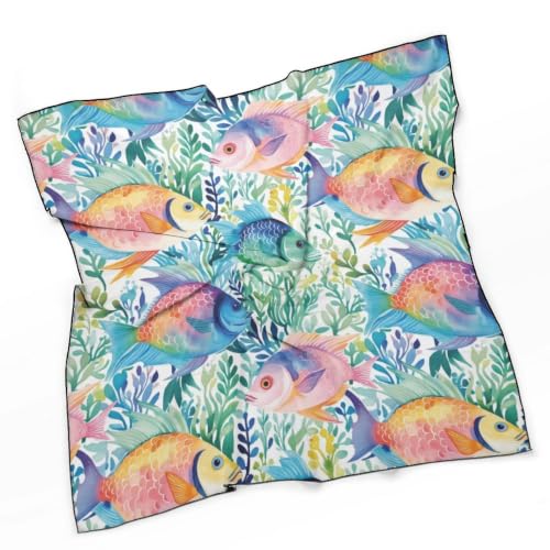 Women’s Square Scarf 27"x27", Lightweight Chiffon Satin Feel Fashion Scarf for Neck Hair Band Head Wrap Bag Accessory - color: Colorful Fish Sea Life