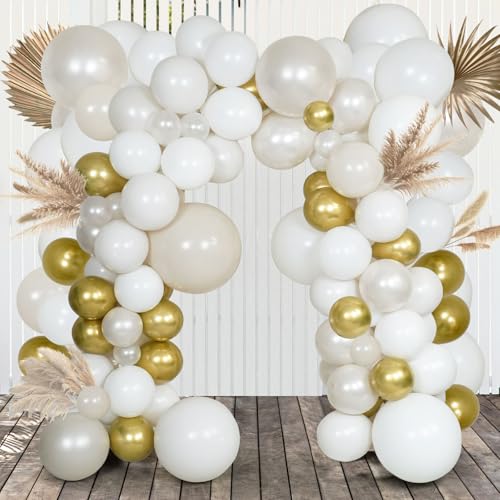 Pearl White Double Stuffed Balloon Arch Kit - Ivory, Cream & Champagne Gold Latex Balloons for Wedding, Bridal Shower, Birthday, Gender Reveal, Boho Party Garland Decor (98 Pcs) - color: Pearl White
