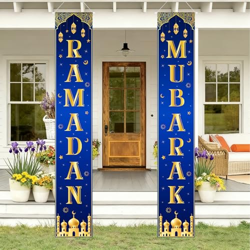 Ramadan Mubarak Door Banner Eid Mubarak Porch Sign Banner Islamic Hanging Door Decoration Muslim Ramadan Kareem Wall Decor Eid Decorations for Home Outdoor Indoor Party Favor Supplies Blue Gold - color: Ramadan