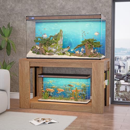 Farmhouse 75–120 Gallon Aquarium Stand for Fish or Reptile Tank, 48"x24" Tabletop Terrarium Stand with Power Outlet and Storage Shelves, Natural Brown Fish Tank Stand, 1500LBS Capacity