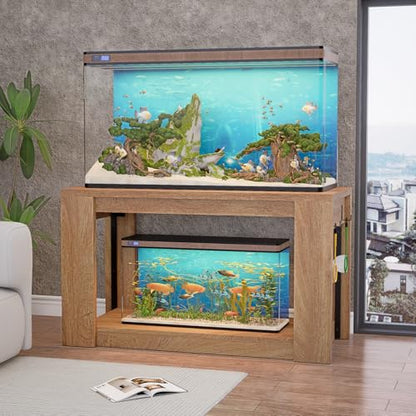Farmhouse 75–120 Gallon Aquarium Stand for Fish or Reptile Tank, 48"x24" Tabletop Terrarium Stand with Power Outlet and Storage Shelves, Natural Brown Fish Tank Stand, 1500LBS Capacity