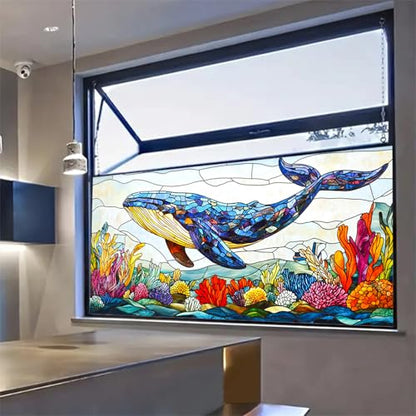 HOMETITUTE Whale Ocean Sea Life Privacy Window Film 39.3x17.7 Inch PVC - color: Animal Window Film#02