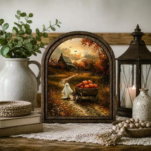 Halloween Ghost Pumpkin Cart Arched Table Sign, Rustic Fall Decor - color: Ghost Pumpkin Cart