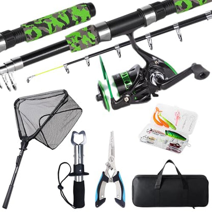 Tripquips Fishing Rod and Reel Combo with Fishing Net, 6.9ft Telescopic Fishing Pole Kit with Fishing Pliers, Lip Gripper, Fishing Lures,Pre-Loaded Spinning Reel Combo - color: Green