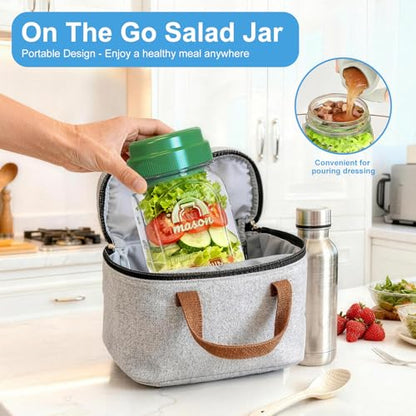 [UPGRADE] 2 Pack Salad Jars with Silicone Dressing Cup, 32 Oz Salad Container for Lunch Meal Prep w Foldable Fork, Separation Divider for Dry Food & Wet Sauce, Salad Pod On The Go for Overnight Oats