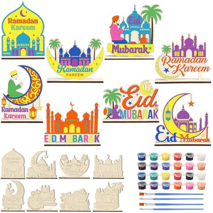 DoubleFill 16 Pcs Wooden Islamic Crafts, DIY Mubarak Tabletop Signs with Paint Strips and Brushes, Paint Your Own Muslim School Classroom Art Activity Kit for Mosque Party Home Decor, Back to School - style: Ramadan