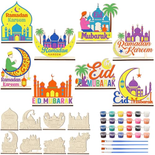 DoubleFill 16 Pcs Wooden Islamic Crafts, DIY Mubarak Tabletop Signs with Paint Strips and Brushes, Paint Your Own Muslim School Classroom Art Activity Kit for Mosque Party Home Decor, Back to School - style: Ramadan