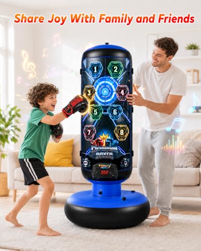 Punching Bag for Kids, Inflatable Boxing Bag with Electronic Scoring, Lights, Music & 4 Training Modes, Boxing Set with Gloves & Air Pump, Birthday Gifts for Boys & Girls 4-12