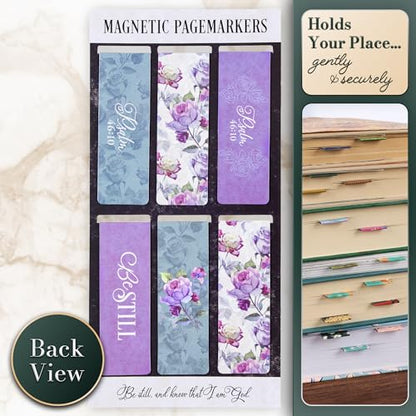 Christian Art Gifts Magnetic Scripture Bookmark Set for Women: Be Still and Know - Psalm 46:10 Inspirational Purple Rose Magnetic Bible Verse Pagemarker Set of 6 for Bibles and Books, Size 2.3" x 0.8"