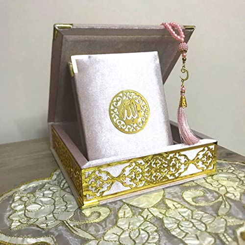 Velvet Covered Quran and Pearl Tasbih in Wooden Decorative Box | Gift Islamic Set Birthday, Wedding Muslim Eid Ramadan (Pink) - color: Pink