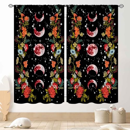 Moon Phase Window Curtains, Boho Gothic Witchy Botanical Wildflower Vintage Spring Floral Leaves Celestial Moonlit Aesthetic Blackout Drapes for Kitchen Bedroom Living Room 2 Panel, 42"x45" Inch - color: Moonlit-06, size: 21"W x 45"L (Pack of 2)