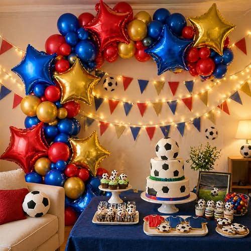 Blue Red Gold Foil Balloons Star 12 Pcs, 18 Inch Large Metallic Royal Blue Red and Chrome Yellow Star Shaped Helium Balloons for Kids Birthday Soccer Sport Themed Graduation Baby Shower Fathers Day - color: Blue Red Gold