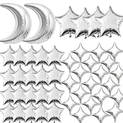50pcs Silver Moon and Star Balloons,36"Moon Foil Balloons 18"10" Star Foil Balloons Four Pointed Star Balloon Mylar Balloon for Baby Shower Christmas Wedding Birthday Party - color: Silver Moon Star