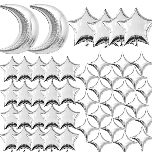 50pcs Silver Moon and Star Balloons,36"Moon Foil Balloons 18"10" Star Foil Balloons Four Pointed Star Balloon Mylar Balloon for Baby Shower Christmas Wedding Birthday Party - color: Silver Moon Star