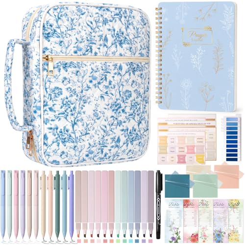 XKDOUS Bible Cover Case for Women Bible Bag Journaling Kit w/Study Supplies - color: Blue Flower With Journal, size: XL
