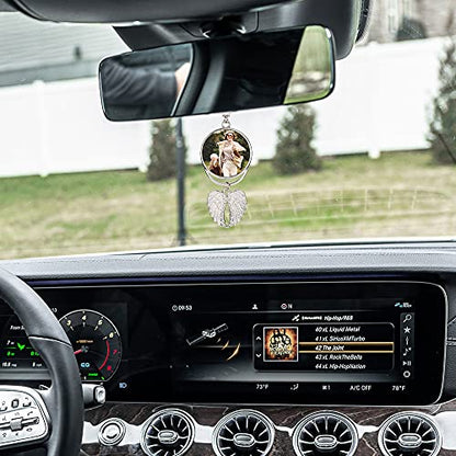 PiercingJ Custom Photo Rearview Mirror Car Charm Double Side Picture Engraving Car Hanging Ornament Angel Wing Car Charm Gift for Men Women - color: Silver-1 Pc
