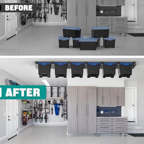EVERHANGER Ceiling Storage Rack, Heavy Duty Overhead Storage Rack for Garage, Adjustable Ceiling Bin Storage System, 7 Sets for 6 Bins, 16 Inch - style: For 6 Bins
