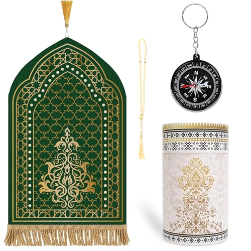 Muslim Prayer Mat Set, 4 PCS Soft Portable Islamic Prayer Rug with Cylinder Gift Box, Beads, Compass for Women Men Daily Salah Meditation Ramadan Eid Gifts 43 * 27 inch（Green Gold） - color: Green
