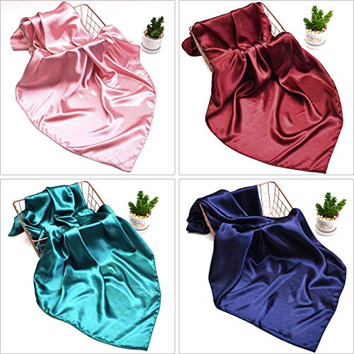 Syhood 4 Pcs 35 Inch Head Satin Large Bandana Satin Scarves Head Scarf for Women's Hair Square Scarf - color: Navy Blue, Wine Red, Skin Pink, Blue