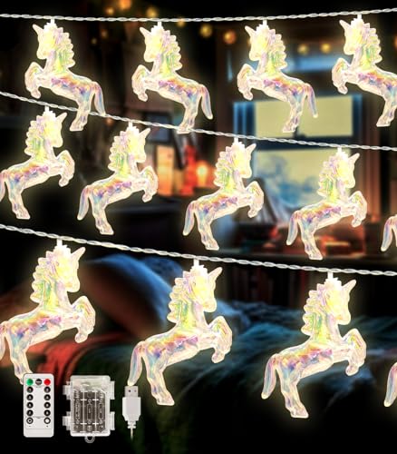 AceList 20 LED Unicorn String Lights, 10Ft Unicorn Birthday Decorations String Lights for Bedroom Party, USB&Battery Powered Waterproof Fairy Lights for Christmas Gifts, Tree Decor Indoor(White Wram) - color: Wram-Unicorn