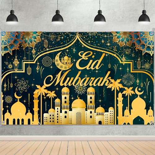 Eid Mubarak Decorations Backdrop Banner - Gold Crescent Moon Mosque Sign for Eid al-Fitr Party Wall Decor, Large Photo Background for Ramadan Home Supplies (Green Gold) - color: Green Gold