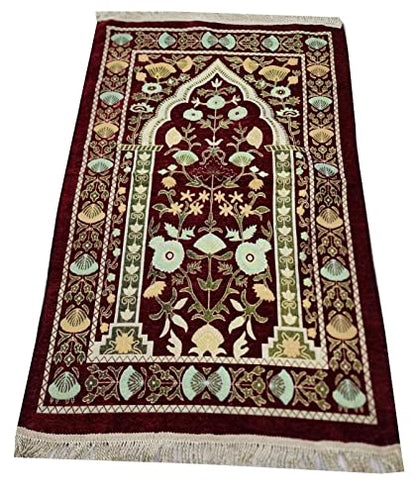 Muslim Thin Salah Mat Islam Portable Sajadah Praying Carpet AMN-389 Floral Design Travel Rug Muslim Eid Ramadan Gift (Red)