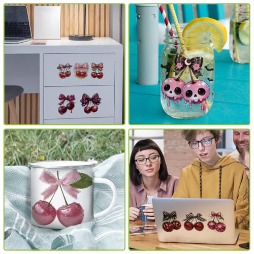arricraft 10 Sheets Fruit Theme UV DTF Cup Wrap for 16OZ Glass, Bow Cherry Rub on Decals PVC Transfer Stickers for DIY Cups Window Home Printing Decoration 24x11cm/9.4x4.3inch - style: Bow Cherry Theme
