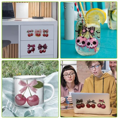 arricraft 10 Sheets Fruit Theme UV DTF Cup Wrap for 16OZ Glass, Bow Cherry Rub on Decals PVC Transfer Stickers for DIY Cups Window Home Printing Decoration 24x11cm/9.4x4.3inch - style: Bow Cherry Theme