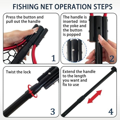 All Metal Telescoping Rubber Fishing Net with Handle Length: 59" Depth:19.7" Hoop: 26"x18" Large Silicone Fish Landing Net Pier/Kayak/Fishpond/Saltwater/Salmon Extendable Fishing Gear - color: Red plus