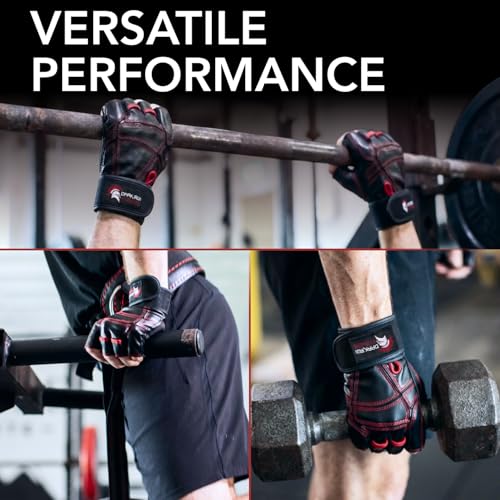 Dark Iron Fitness Genuine Leather Gym Gloves for Men Women, Wrist Wrap Support Workout Gloves for Weight Lifting Crossfit Deadlift Barbell Exercise Palm Padding Callus Protection Grips - size: X-Large