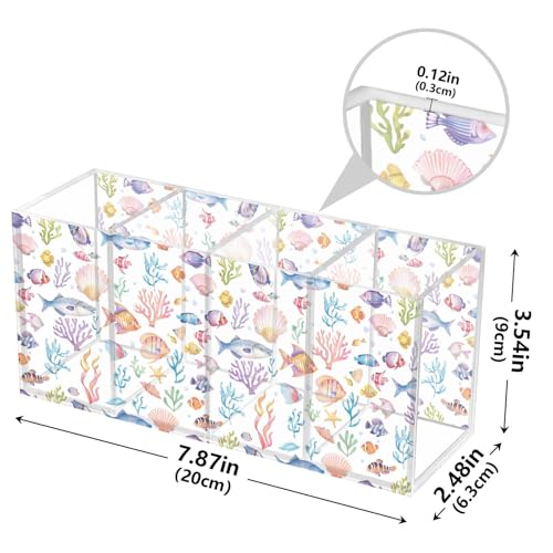 Aquarium Fish Cute Acrylic Pen Holder 4 Compartments Pencil Organizer and Storage Makeup Brush Holder for Home Bedroom School Office Storage