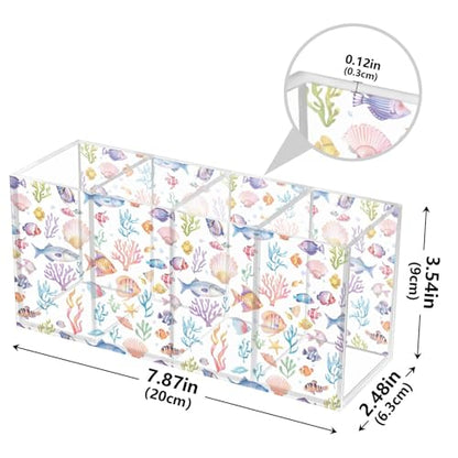 Aquarium Fish Cute Acrylic Pen Holder 4 Compartments Pencil Organizer and Storage Makeup Brush Holder for Home Bedroom School Office Storage