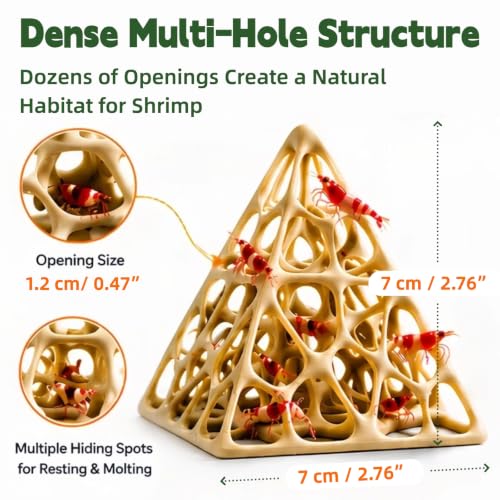 Shrimp Cave for Aquarium, 3D Printed Pyramid Hideout Shelter for Molting & Resting, Fish Tank Ornament Decor for Cherry Shrimp, Neocaridina, Dwarf Shrimp & Small Fish, Beige