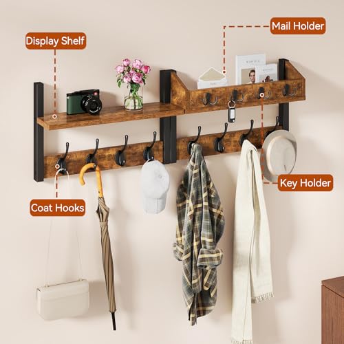 YMYNY 31.5" Coat Rack Wall Mount with Shelf, 4 in 1 Key and Coat Hanger with 12 Metal Hooks, Wall Shelf with Hooks & Mail Holder for Living Room, Bedroom, Rustic Brown, HWS007H-2 - color: Rustic Brown, size: 31.5" - 4-in-1