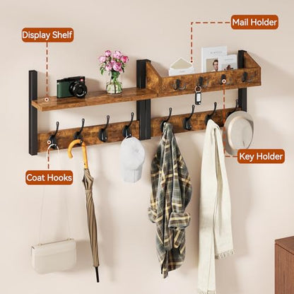 YMYNY 31.5" Coat Rack Wall Mount with Shelf, 4 in 1 Key and Coat Hanger with 12 Metal Hooks, Wall Shelf with Hooks & Mail Holder for Living Room, Bedroom, Rustic Brown, HWS007H-2 - color: Rustic Brown, size: 31.5" - 4-in-1
