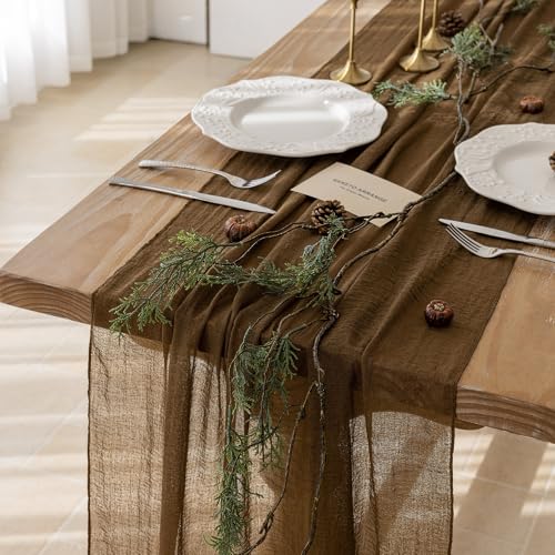 Coffee Cheesecloth Table Runner 120 Inches Fall Party Boho Home Decorations - color: Coffee, size: 35"x120"(Pack of 1)