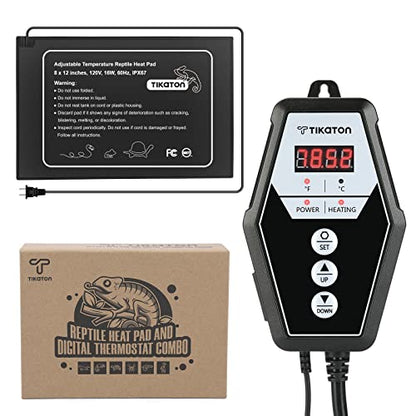 Tikaton Reptile Heating Pad and Digital Thermostat Combo Set, Under Tank Heater for 10-20gal/30-40gal Tank, Terrarium Heat Mat for Turtle/Snake/Lizard/Frog/Spider/Plant Box - size: 1 Pack-12" X 8"