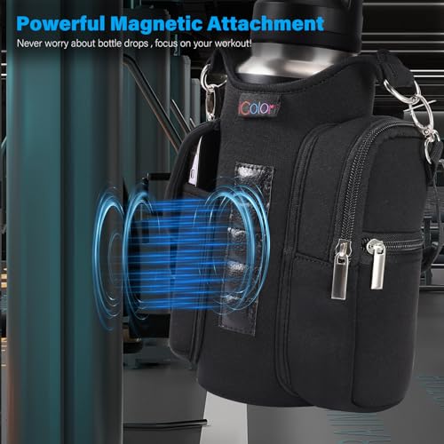 icolor Magnetic Gym Bag Water Bottle Carrier Holder with Phone Pockets & Shoulder Strap,Gym Magnetic Bag 5 Built-in Magnets Gym Accessories Organizer Sling Bottle Bag Pouch Sleeve - color: PureBlack